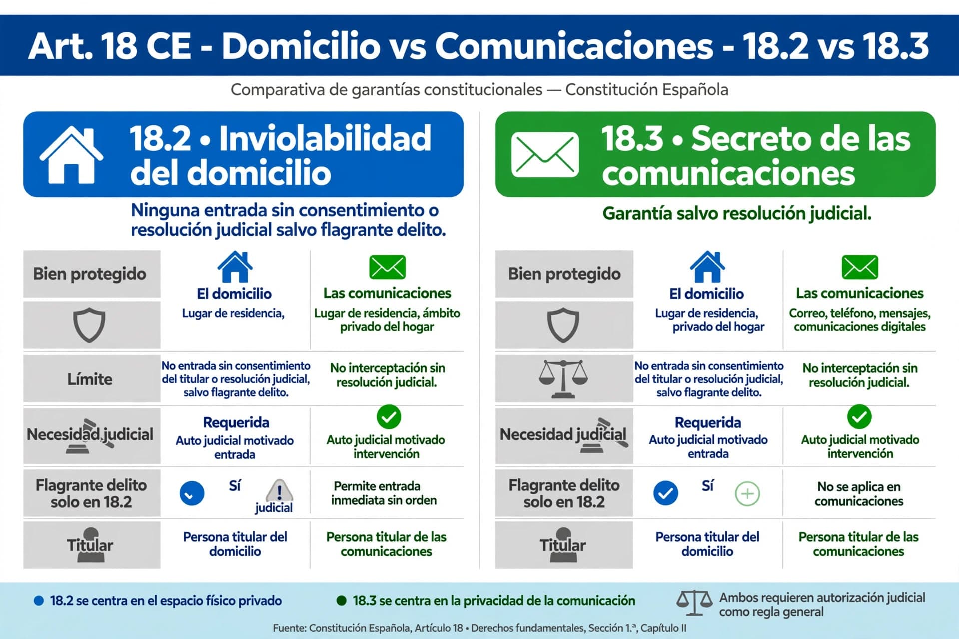 Comparativa entre la inviolabilidad del domicilio (art. 18.2 CE) y el secreto de las comunicaciones (art. 18.3 CE): bien protegido, límite, necesidad de resolución judicial y la excepción de flagrante delito, aplicable solo al domicilio y nunca a las comunicaciones