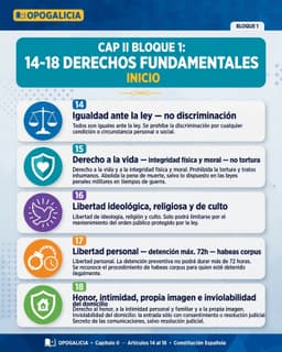 Resumen esquemático de los artículos 14 a 18 de la Constitución Española: igualdad ante la ley (14), derecho a la vida e integridad, prohibición de tortura y abolición de la pena de muerte salvo leyes penales militares en tiempo de guerra (15), libertad ideológica y religiosa (16), libertad personal y detención máxima de 72 horas con habeas corpus (17), y honor, intimidad, propia imagen e inviolabilidad del domicilio (18)