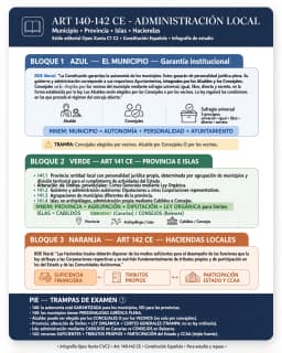 Los tres artículos de la Administración Local: art. 140 (garantía constitucional de la autonomía municipal, Ayuntamientos integrados por Alcaldes y Concejales, sufragio universal, régimen de concejo abierto), art. 141 (la provincia como entidad local con personalidad jurídica propia, Diputaciones, Cabildos o Consejos en los archipiélagos) y art. 142 (suficiencia financiera de las Haciendas locales mediante tributos propios y participación en tributos del Estado y las CCAA)