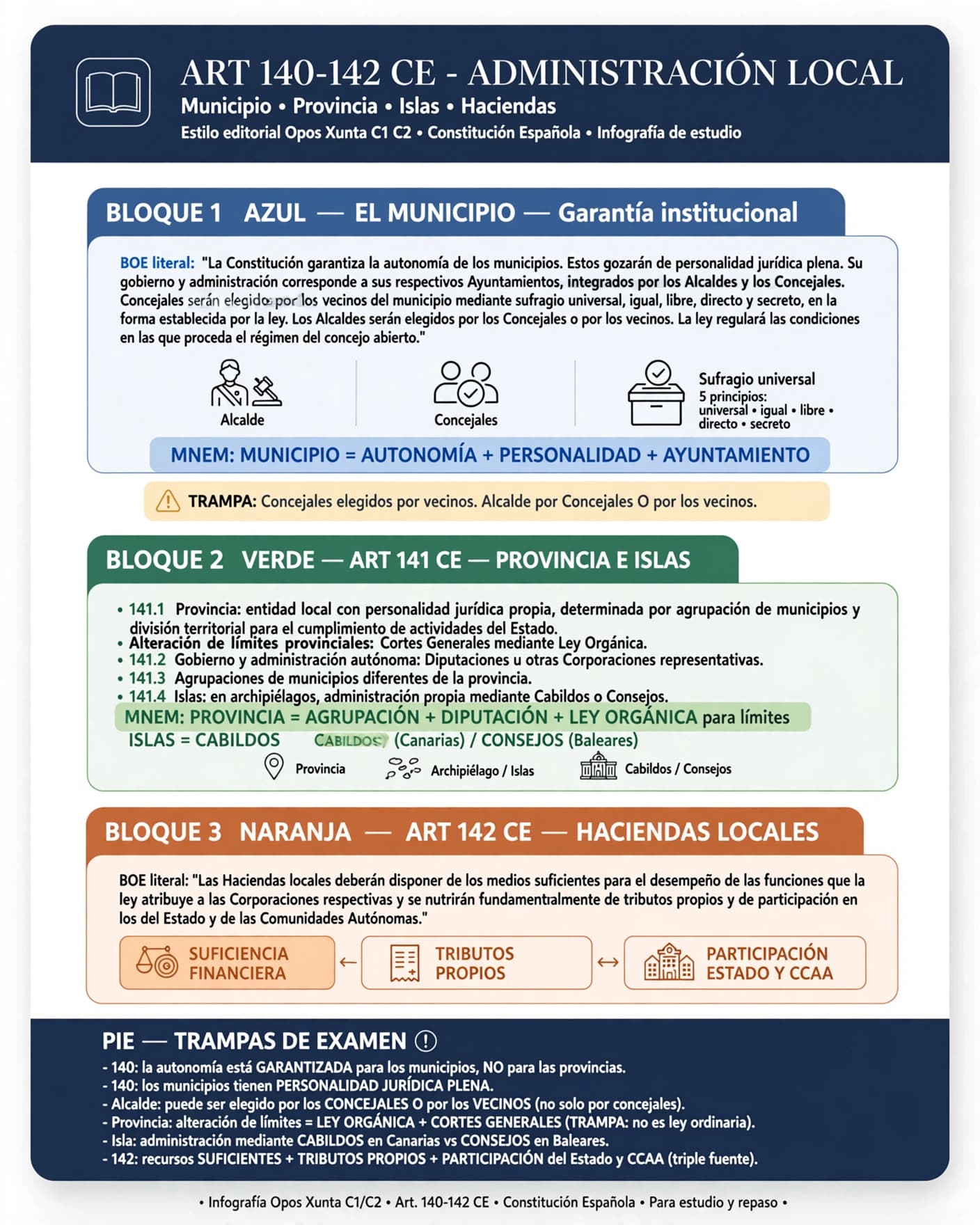 Los tres artículos de la Administración Local: art. 140 (garantía constitucional de la autonomía municipal, Ayuntamientos integrados por Alcaldes y Concejales, sufragio universal, régimen de concejo abierto), art. 141 (la provincia como entidad local con personalidad jurídica propia, Diputaciones, Cabildos o Consejos en los archipiélagos) y art. 142 (suficiencia financiera de las Haciendas locales mediante tributos propios y participación en tributos del Estado y las CCAA)