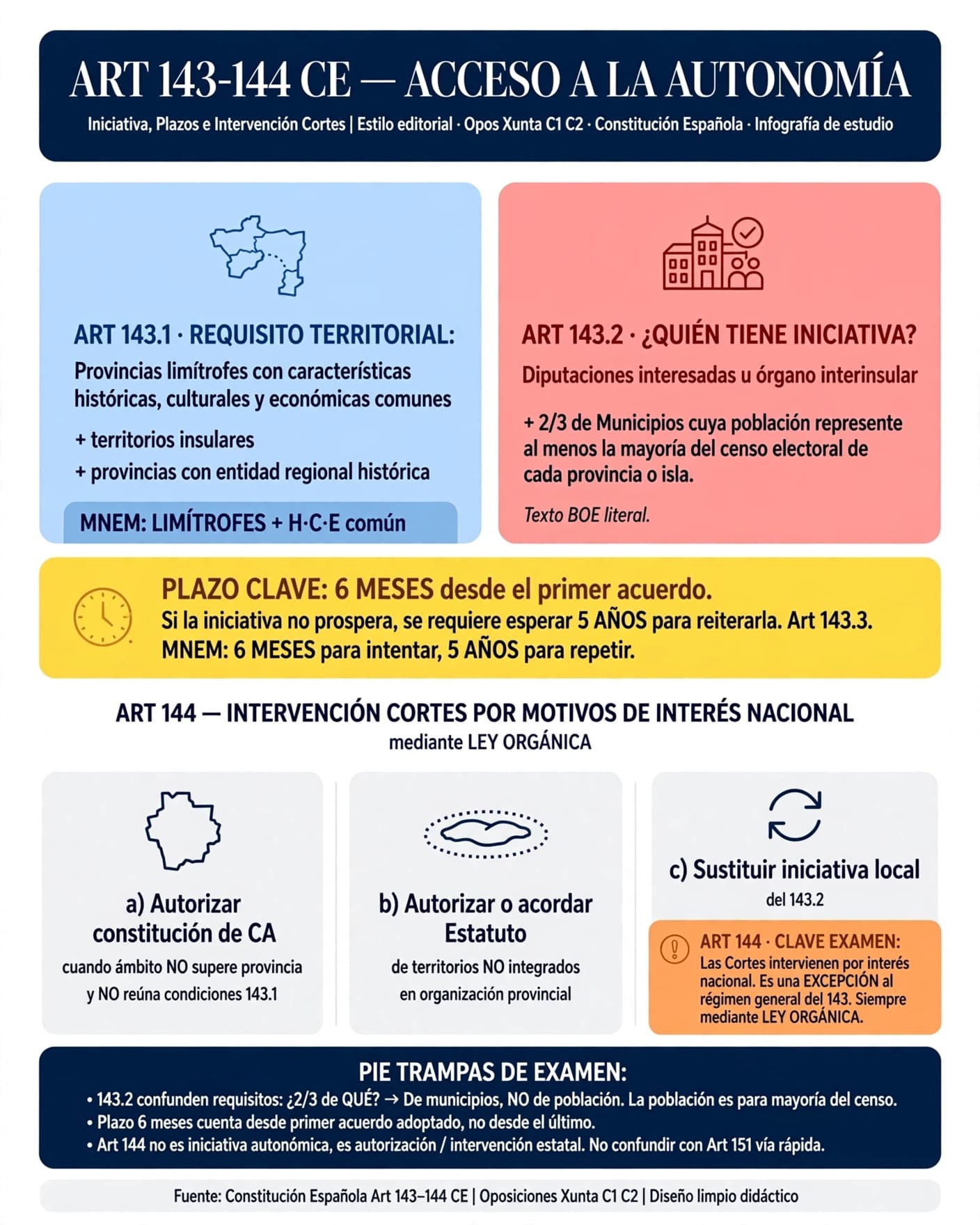 El procedimiento ordinario de acceso a la autonomía: art. 143.1 (requisito territorial: provincias limítrofes con características históricas, culturales y económicas comunes, territorios insulares, provincias con entidad regional histórica), art. 143.2 (iniciativa de Diputaciones u órgano interinsular más dos tercios de los municipios que representen la mayoría del censo electoral, plazo de seis meses), art. 143.3 (si no prospera, solo puede reiterarse pasados cinco años) y art. 144 (supuestos en que las Cortes Generales pueden intervenir mediante ley orgánica)