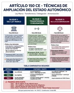 Las tres técnicas de ampliación de competencias del artículo 150 de la Constitución Española: leyes marco (150.1, ley ordinaria de las Cortes que atribuye facultad legislativa a las CCAA dentro de principios, bases y directrices), leyes de transferencia o delegación (150.2, mediante ley orgánica, con previsión de medios financieros y control) y leyes de armonización (150.3, apreciación de la necesidad por mayoría absoluta de cada Cámara)
