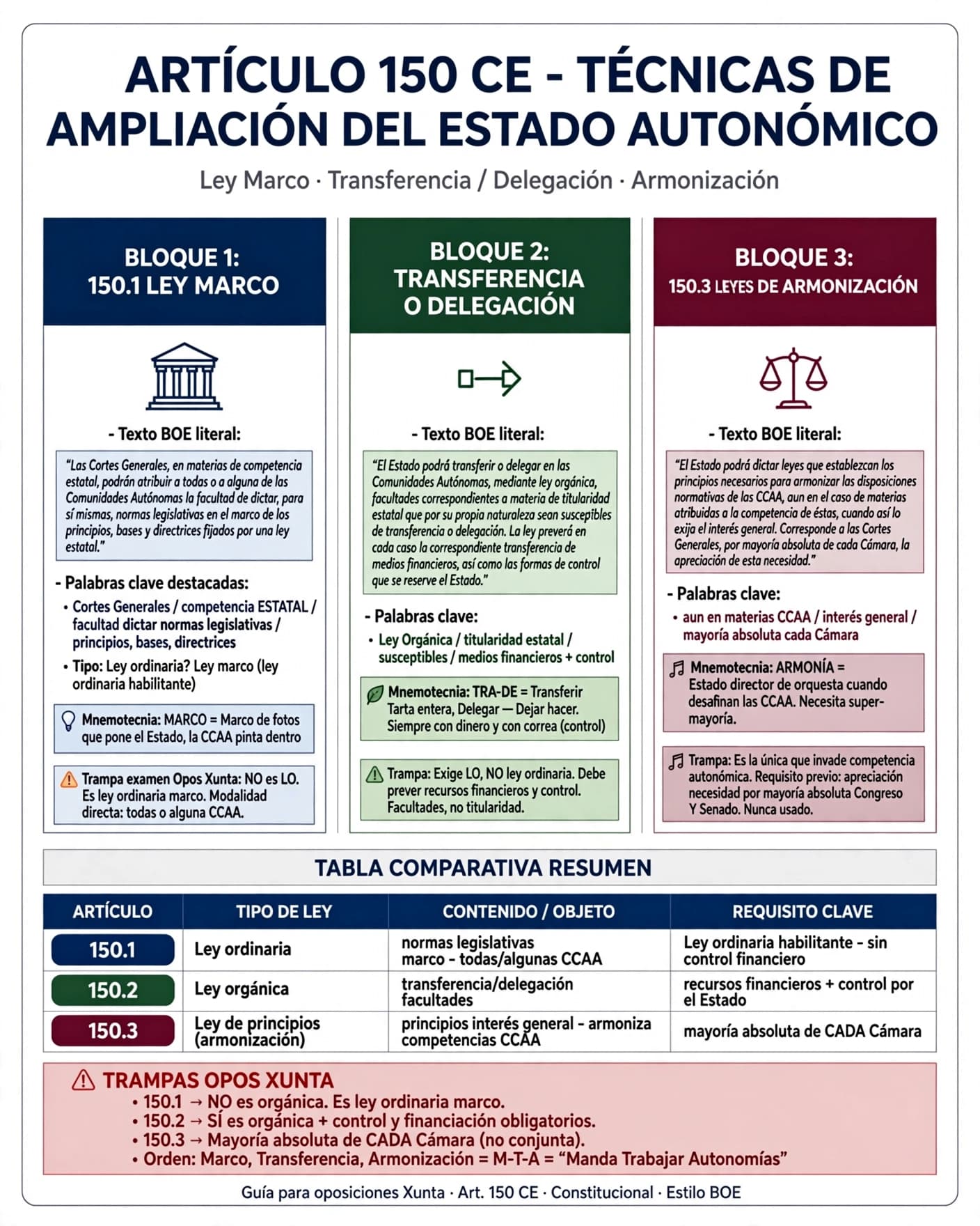Las tres técnicas de ampliación de competencias del artículo 150 de la Constitución Española: leyes marco (150.1, ley ordinaria de las Cortes que atribuye facultad legislativa a las CCAA dentro de principios, bases y directrices), leyes de transferencia o delegación (150.2, mediante ley orgánica, con previsión de medios financieros y control) y leyes de armonización (150.3, apreciación de la necesidad por mayoría absoluta de cada Cámara)