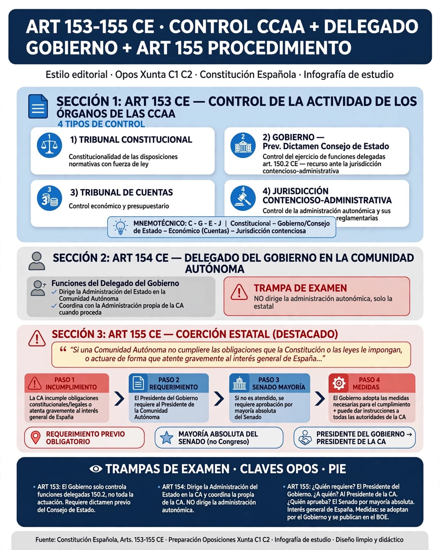 El control estatal sobre las Comunidades Autónomas: art. 153 (los cuatro tipos de control — Tribunal Constitucional, Gobierno previo dictamen del Consejo de Estado, jurisdicción contencioso-administrativa y Tribunal de Cuentas), art. 154 (el Delegado del Gobierno dirige la Administración del Estado en el territorio de la Comunidad Autónoma, sin dirigir la administración autonómica) y art. 155 (procedimiento de coerción estatal: requerimiento previo al Presidente de la Comunidad, aprobación por mayoría absoluta del Senado y adopción de medidas necesarias)