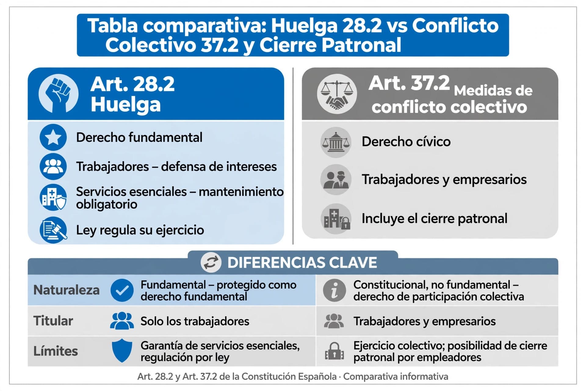 Comparativa entre el derecho de huelga del artículo 28.2 (derecho fundamental, solo trabajadores) y las medidas de conflicto colectivo del artículo 37.2 (derecho constitucional no fundamental, trabajadores y empresarios, incluye el cierre patronal) de la Constitución Española