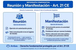 Comparativa entre el derecho de reunión y la manifestación del artículo 21 de la Constitución Española: ejercicio sin autorización previa, comunicación previa solo en lugares de tránsito público, plazos de comunicación y motivos tasados de prohibición por la autoridad